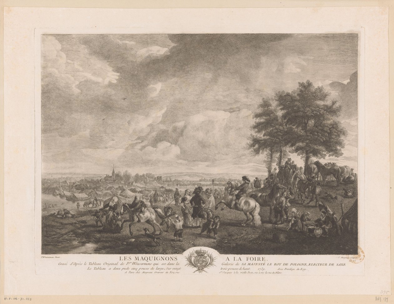 Táj lókereskedőkkel a piacon Les Maquignons à la Foire (cím a tárgyon) Nyomatok Philips Wouwerman festményei után (sorozat címe) Ph.pe Wouwermans Hollandois életművei (sorozat címe) alkotó: Jean Moyreau