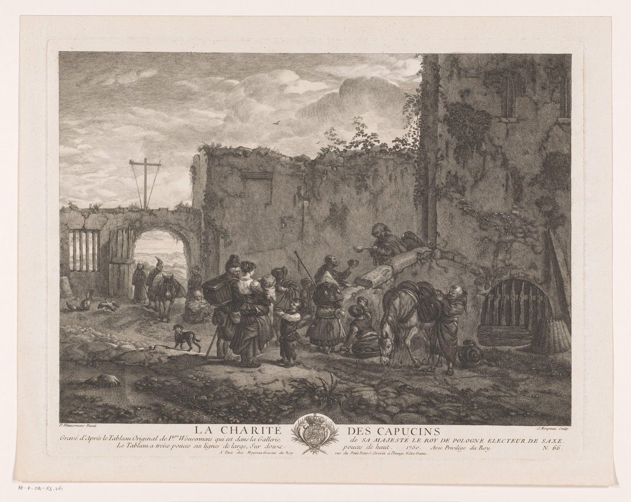 A szerzetesek ételt osztanak a zarándokoknak az udvaron La Charité des Capucins (cím a tárgyon) Nyomatok Philips Wouwerman festményei után (sorozat címe) Ph.pe Wouwermans Hollandois életművei (sorozat címe) alkotó: Jean Moyreau