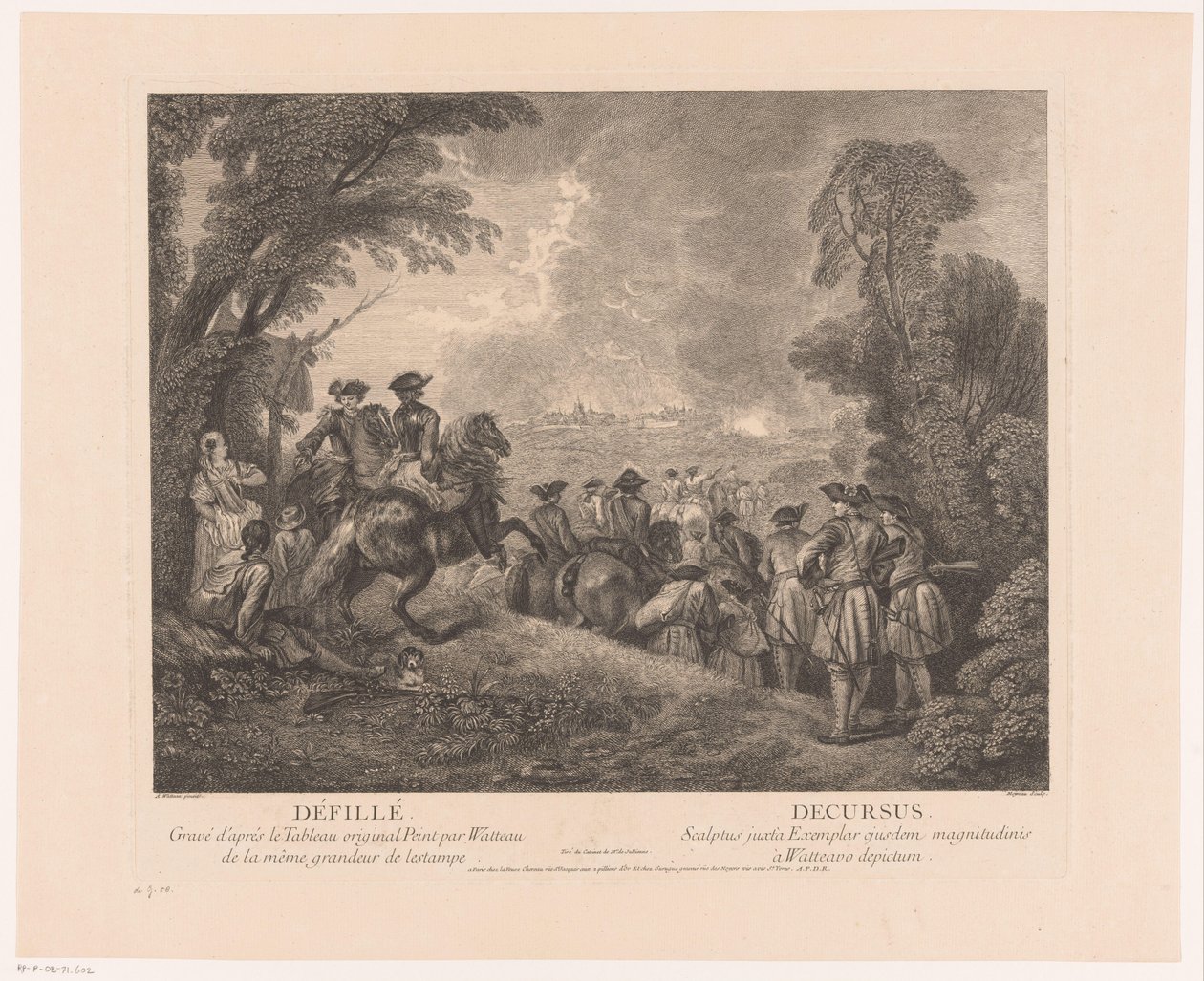 Felvonulás katonákkal egy város felé Défillé - Decursus (cím az objektumon) Antoine Watteau művei (sorozat címe) Antoine Watteau munkája, peintre du roy en son Academie roïale de peinture et sculpture (...) (sorozat címe) alkotó: Jean Moyreau