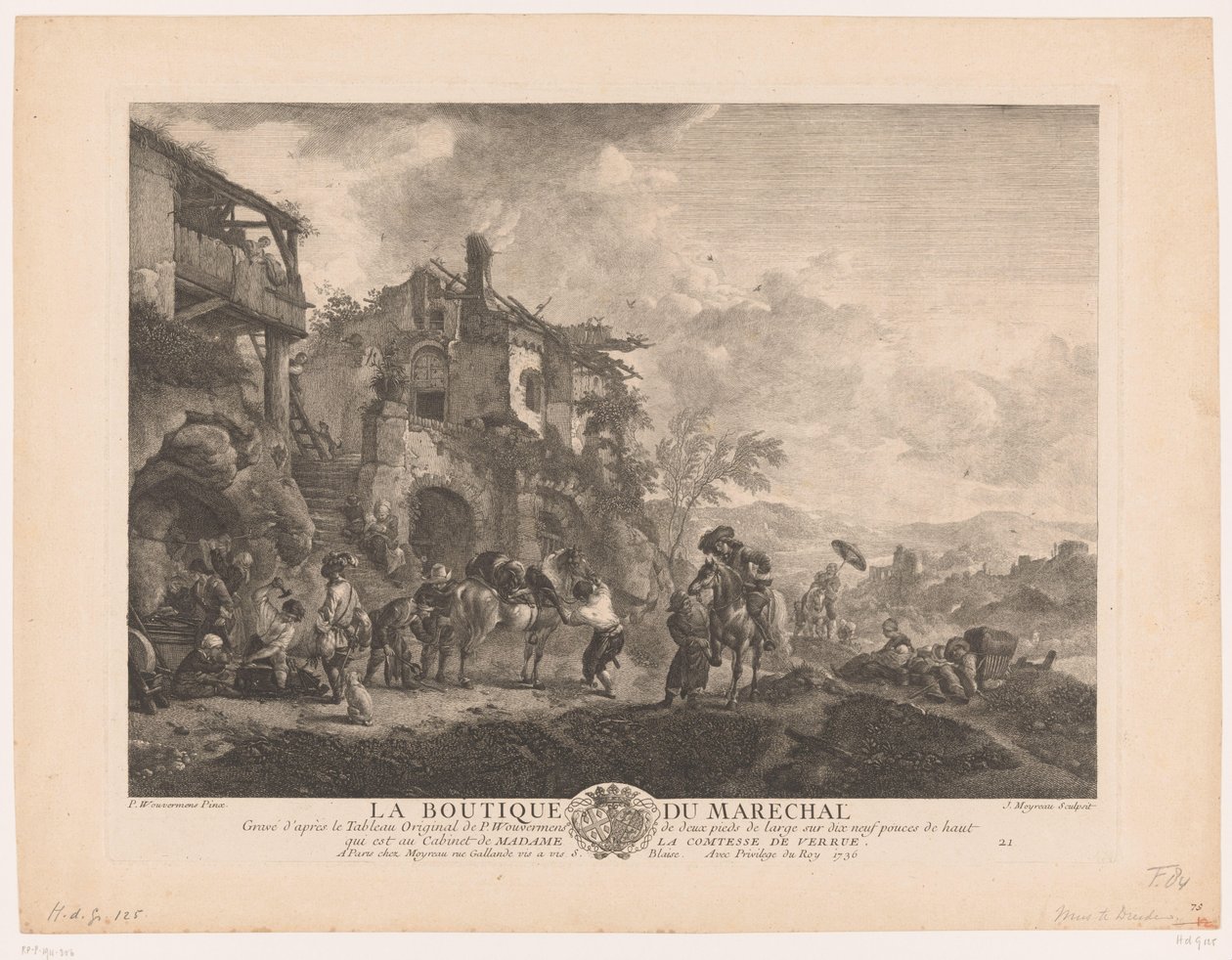 Utazók egy kovácsnál La boutique du marechal (cím a tárgyon) Nyomatok Philips Wouwerman festményei után (sorozat címe) Ph.pe Wouwermans Hollandois életművei (sorozat címe) alkotó: Jean Moyreau