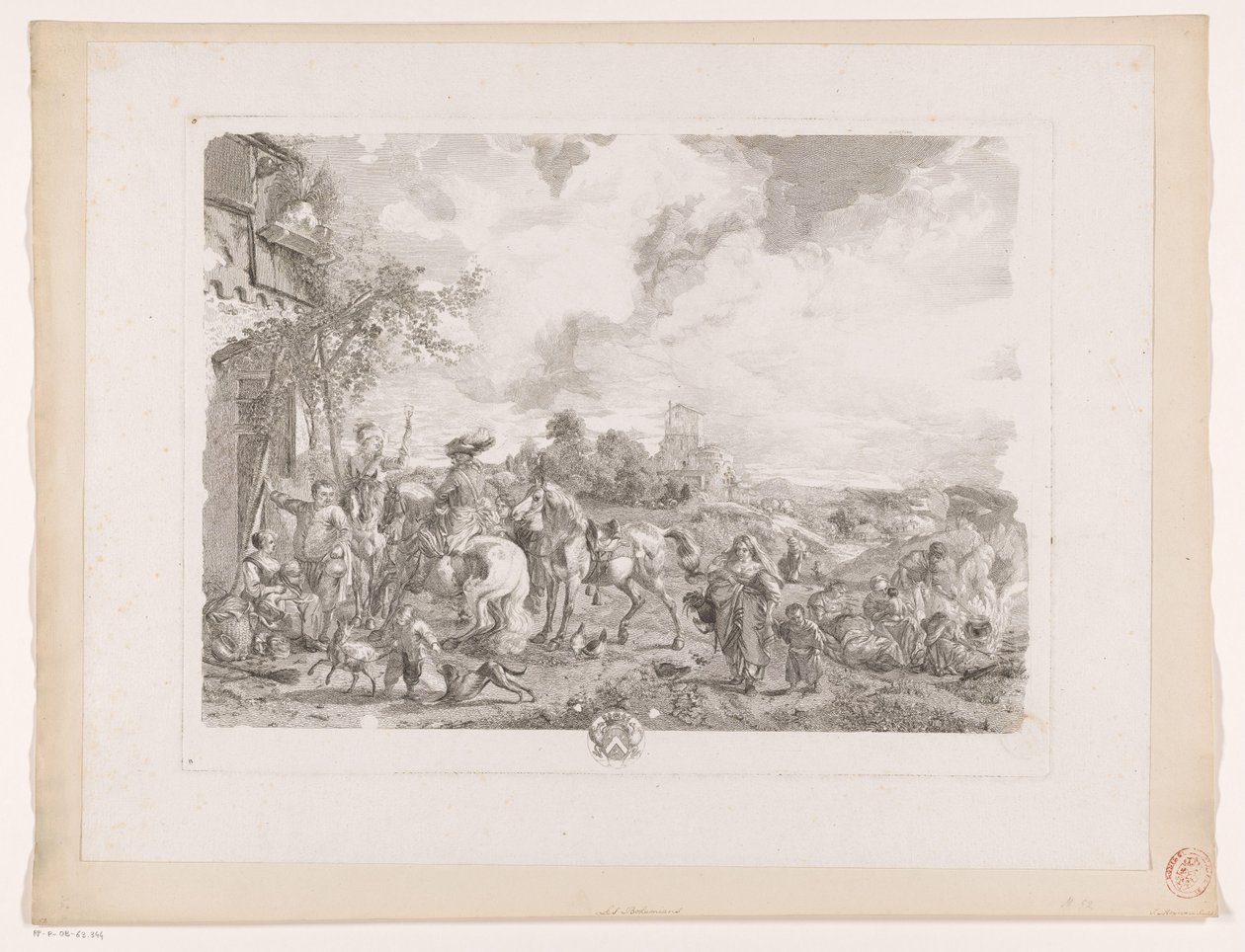 Utazók fogadóért Les Bohemians Nyomatok Philips Wouwerman festményei után (sorozat címe) Ph.pe Wouwermans Hollandois életművei (sorozat címe) alkotó: Jean Moyreau