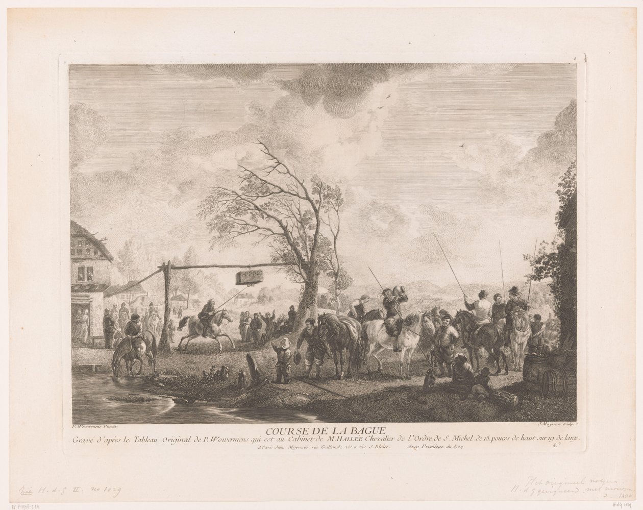 Gyűrűtábla egy falusi fogadóban Cours de la bague (cím a tárgyon) Nyomatok Philips Wouwerman festményei után (sorozat címe) Ph.pe Wouwermans Hollandois életművei (sorozat címe) alkotó: Jean Moyreau