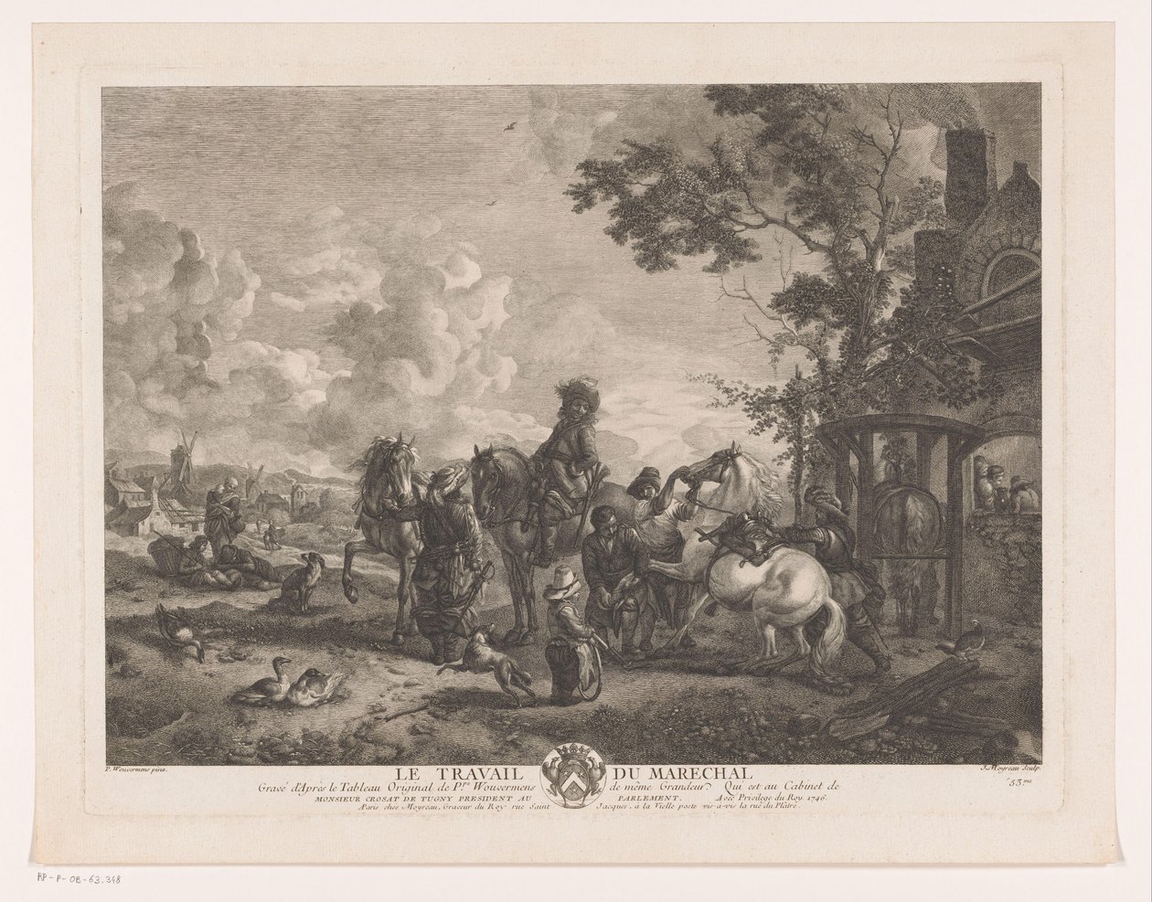 Lovasok egy patkolókovácsnál Le Travail du Marechal (cím a tárgyon) Nyomatok Philips Wouwerman festményei után (sorozat címe) Ph.pe Wouwermans Hollandois életművei (sorozat címe) alkotó: Jean Moyreau