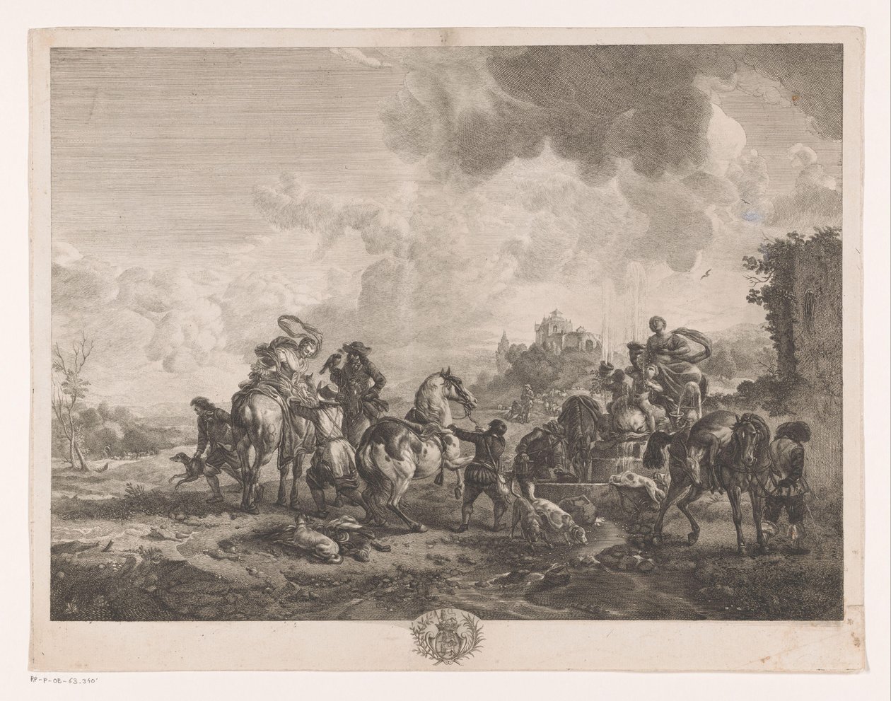 Pihenő vadásztársaság egy szökőkútnál La Fontaine de Venus Nyomatok Philips Wouwerman festményei után (sorozat címe) Ph.pe Wouwermans Hollandois életművei (sorozat címe) alkotó: Jean Moyreau