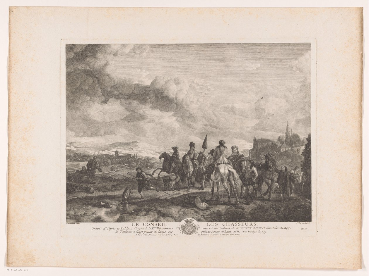 Pihenő vadásztársaság egy tájban Le Conseil des Chasseurs (cím a tárgyon) Nyomatok Philips Wouwerman festményei után (sorozat címe) Ph.pe Wouwermans Hollandois életművei (sorozat címe) alkotó: Jean Moyreau