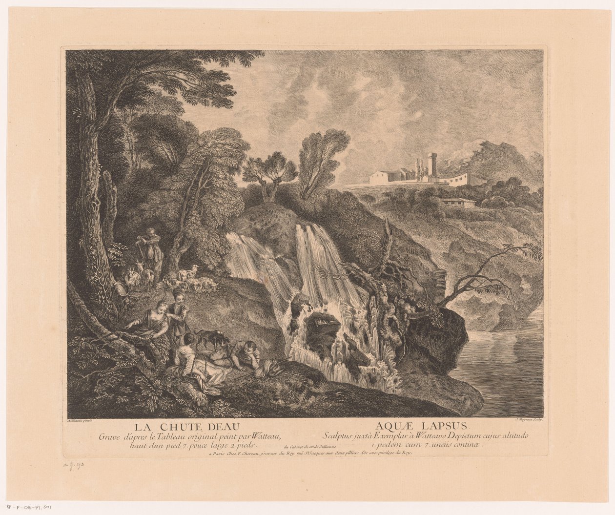 Rustende figuren bij een waterval A vízesés – Aquae Lapsus (cím a tárgyon) Antoine Watteau munkája (sorozat címe) Antoine Watteau, a Királyi Festészeti és Szobrászati ​​Akadémia királyfestőjének munkája (...) (sorozat címe) alkotó: Jean Moyreau