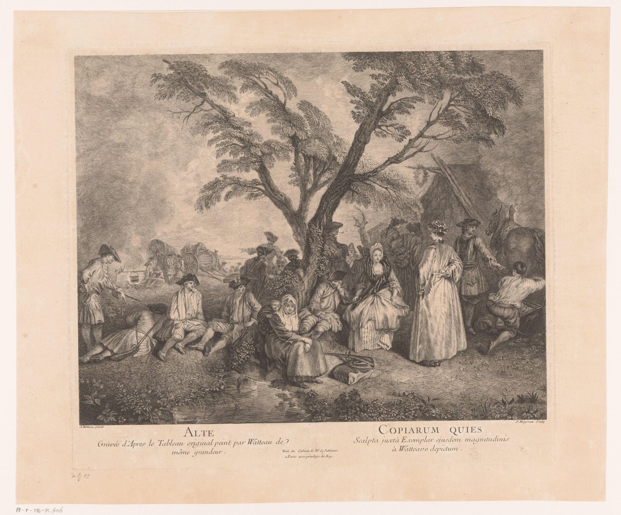 Rustende reizigers bij een halte Alte - Copiarum Quies (cím a tárgyon) Antoine Watteau munkája (sorozat címe) Antoine Watteau, a Királyi Festészeti és Szobrászati ​​Akadémia királyfestőjének munkája (...) (sorozat címe) alkotó: Jean Moyreau