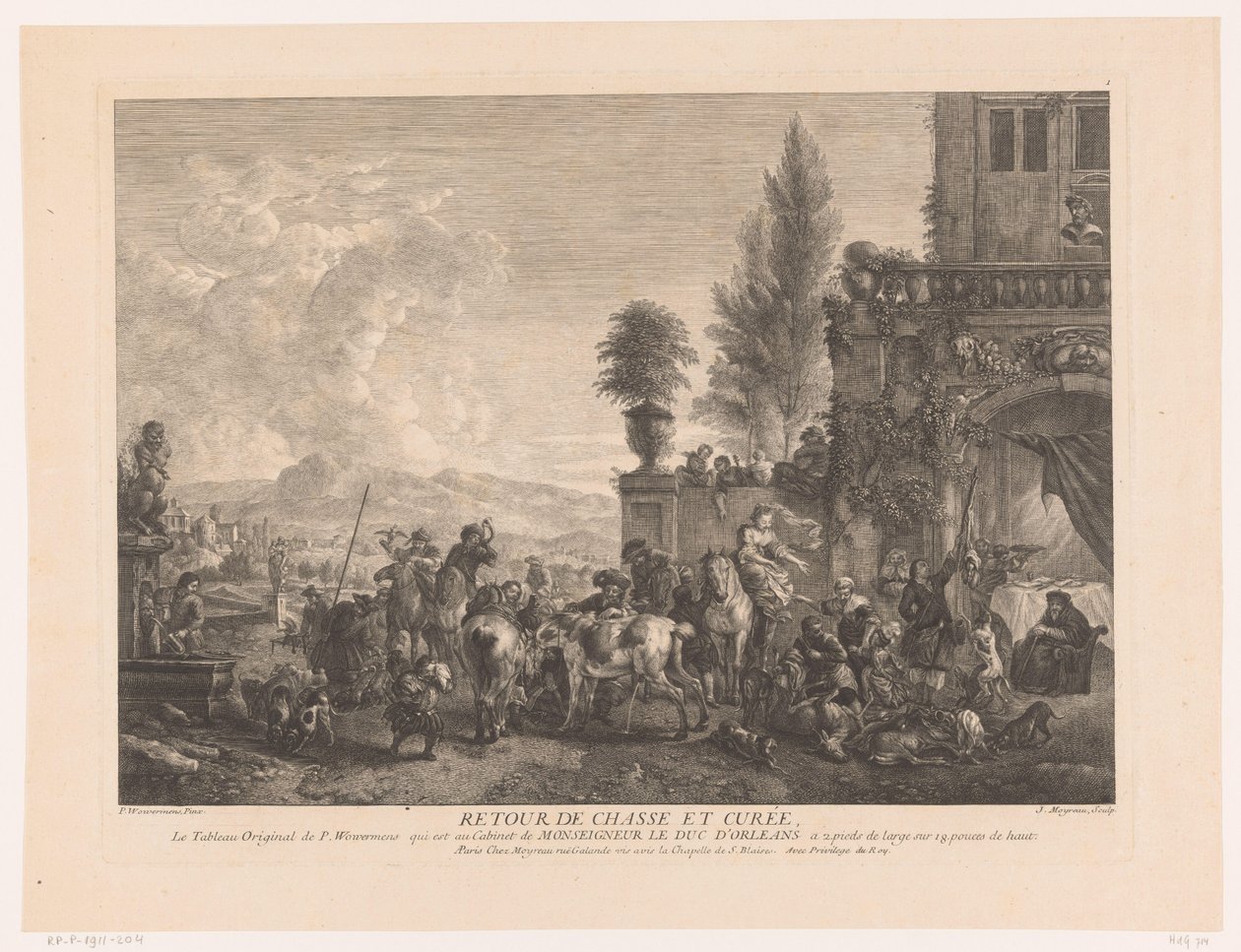 Visszatérő vadásztársaság A chasse et curée visszaadása (cím az objektumon) Nyomatok Philips Wouwerman festményei után (sorozat címe) Wouwermans Hollandois Ph.pe életművei (sorozat címe) alkotó: Jean Moyreau