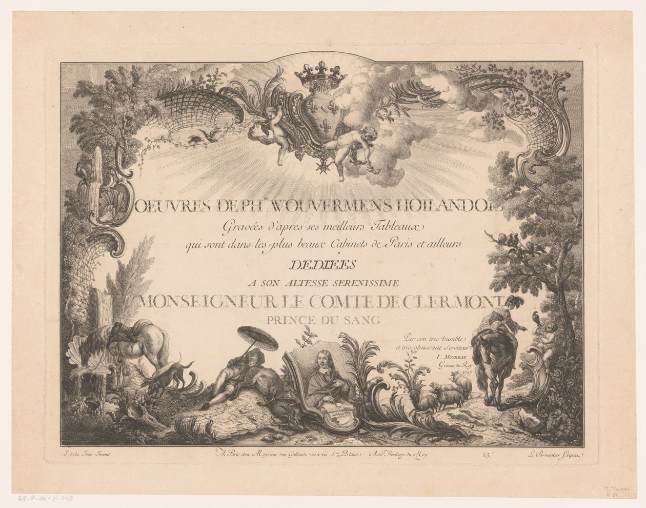 Címnyomat alakokkal és állatokkal egy tájban, Philips Wouwerman portréjával Nyomatok Philips Wouwerman festményei után (sorozat címe) Oeuvres de Ph.pe Wouwermans Hollandois (sorozat címe a tárgyon) alkotó: Jean Moyreau