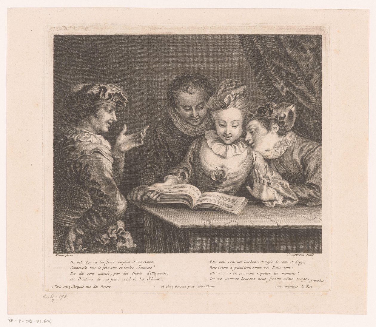 Fiatal nő énekel és három fiatal férfi egy asztalnál Antoine Watteau életműve (sorozat címe) L