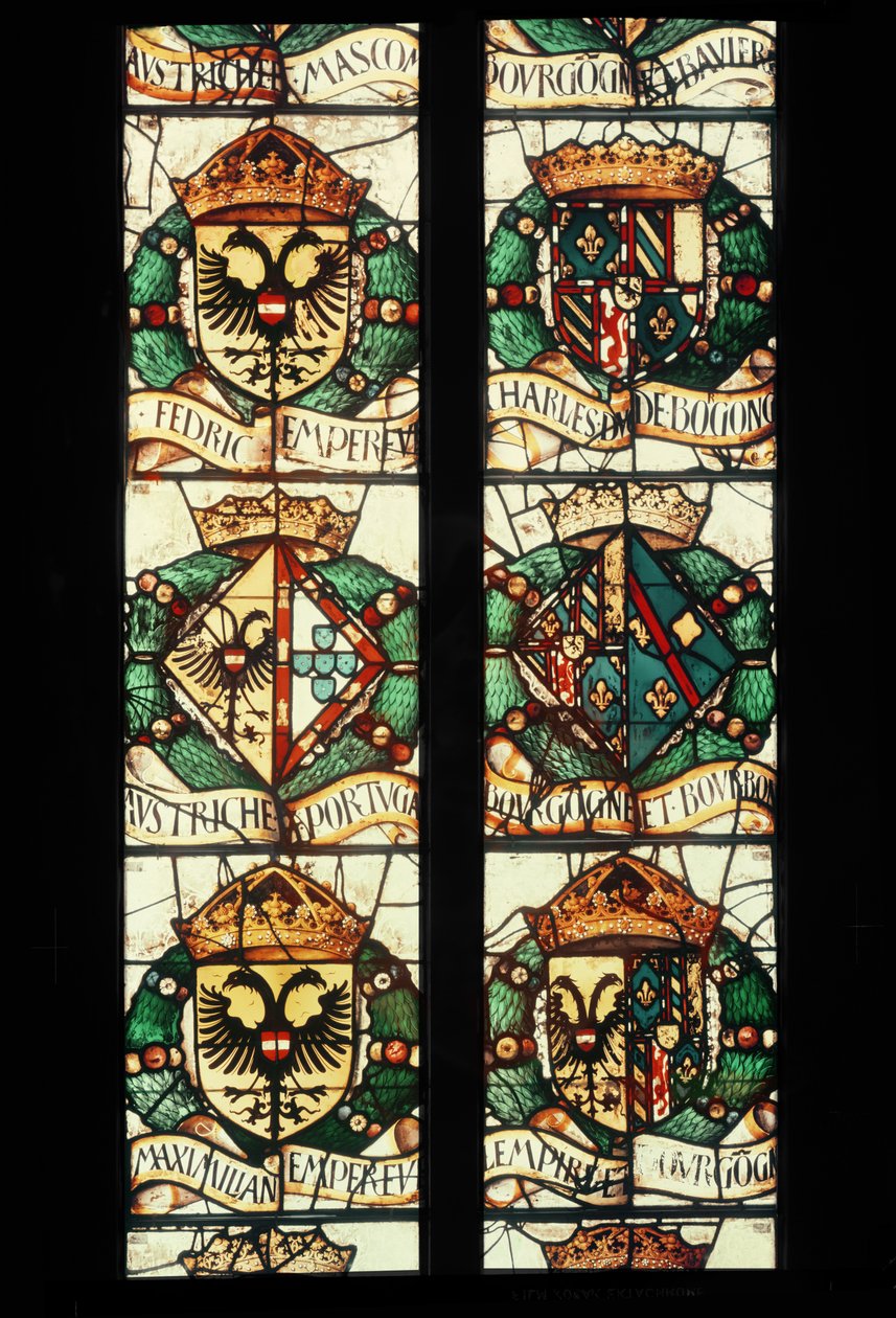 Az adományozóhoz, Osztrák Margithoz kötődő osztrák, német, francia és portugál királyi családok címeres címerei, 1527-29 alkotó: Jean Orquois Antoine Noisin