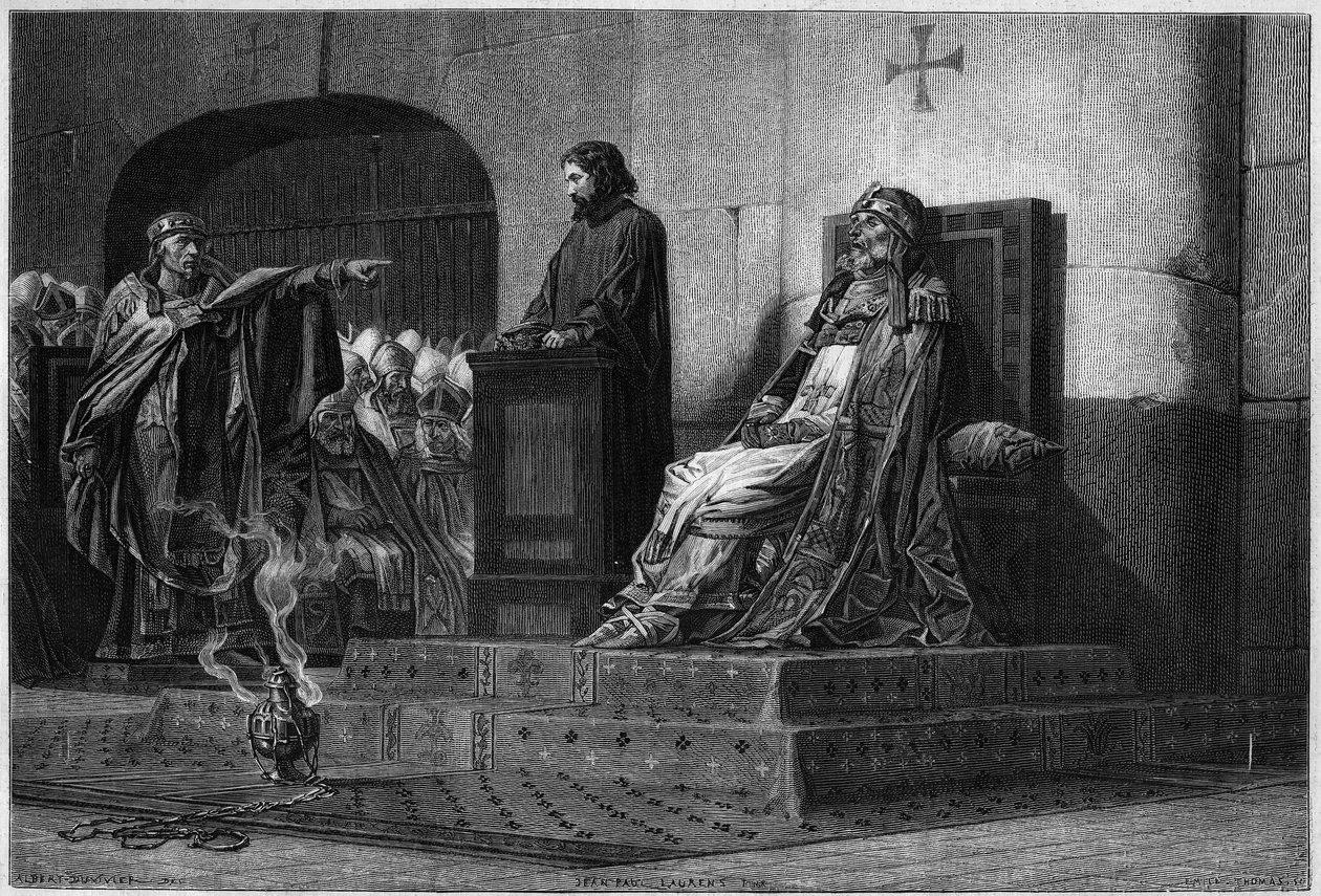 Formosa pápa és István VII. A holttesti zsinat, 897: Formosa pápa (891–896. pápa) pápai ruháit viselő holtteste, összehasonlítva VI. vagy VII. István pápa (896–897. pápa) zsinati gyűlés elnöklete előtt, az exhumálás kezdetén. alkotó: Jean Paul (after) Laurens