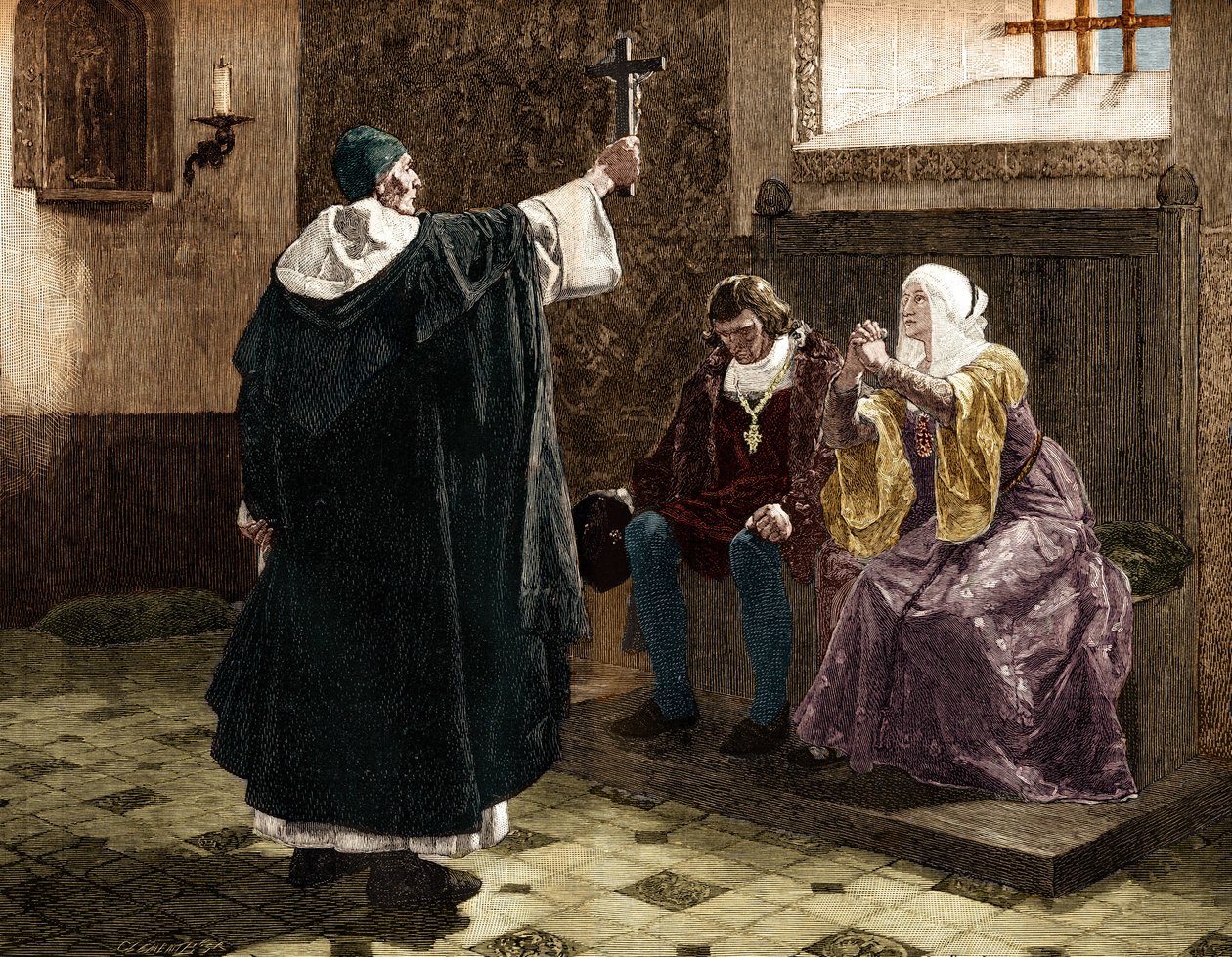 A nagy spanyol inkvizítor, Fray Tomas de Torquemada (1420-1498), II. Ferdinánd és I. Izabella kasztíliai katolikus királyok között alkotó: Jean Paul (after) Laurens