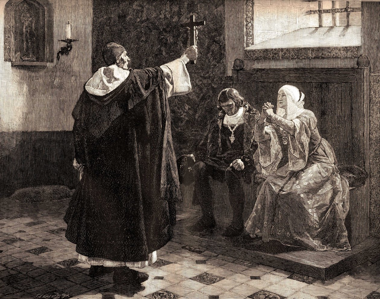 A nagy spanyol inkvizítor, Fray Tomas de Torquemada (1420-1498), II. Ferdinánd Aragóniai és Kasztíliai Izabella katolikus királyok közül alkotó: Jean Paul (after) Laurens