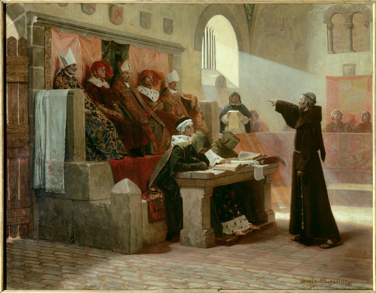 Albigeoise Inkvizíció: „Languedoc Bernard Delicieux (1260-1318), ferences szerzetes agitátora a tárgyalása alatt.” Az ítélet színtere: a középső első sorban, Bernard Delicieux-val szemben a nagy inkvizítort két vallásos, hátul veszi körül. alkotó: Jean Paul Laurens