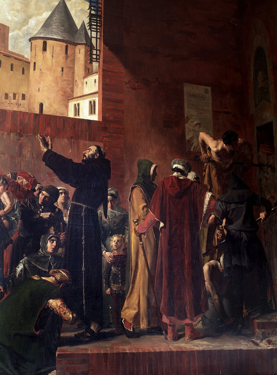 Delivrance des embmures de Carcassonne 1303 augusztusában Carcassonne és Albi lakosai eljönnek, hogy kitépjék az inkvizíció kazamataiból a sok foglyot, akiket bennük tartottak – Bernard Delicieux megpróbálja visszatartani a tömeget, amelyet beszédei szórak alkotó: Jean Paul Laurens