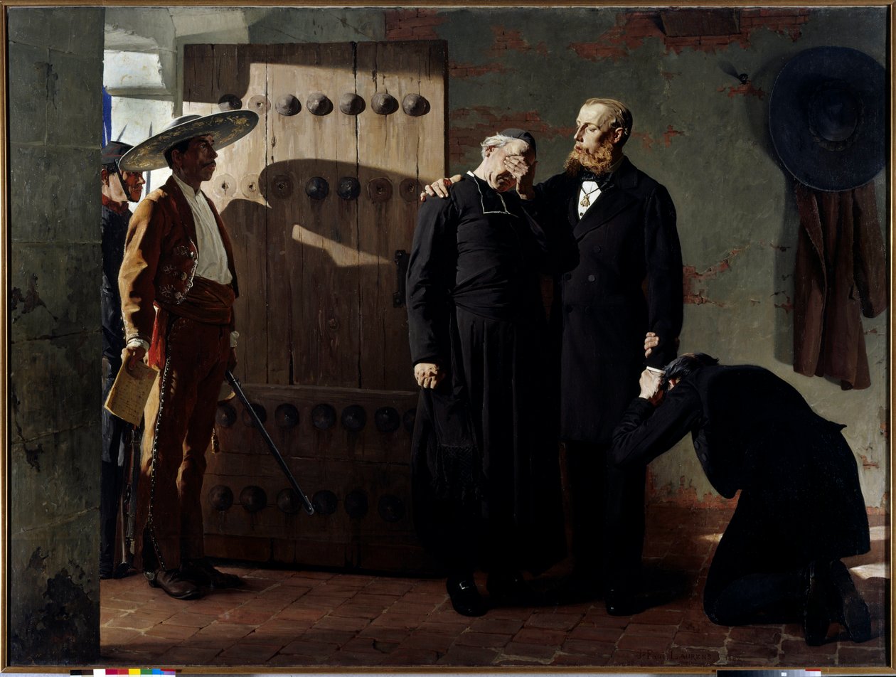 I. Maximilianus (1832-1867) mexikói császár 1867. június 19-i kivégzése előtt A király megvigasztalt egy papot, mielőtt elhagyta börtönét. Jean Paul Laurens (1838-1921) festménye 1882 Szentpétervár. Az Ermitázs Múzeuma. alkotó: Jean Paul Laurens