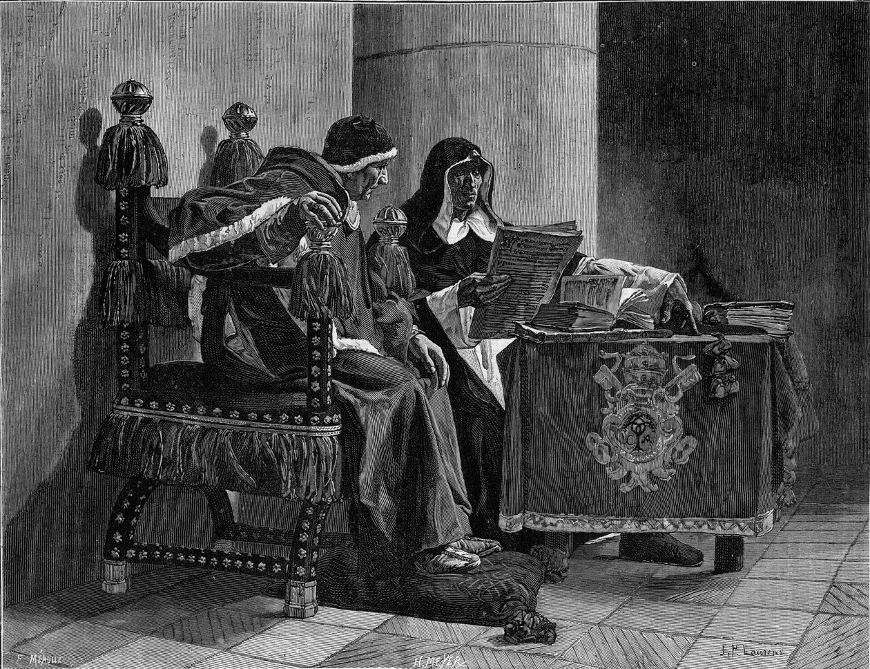 John Paul Laurens (1838-1921) festménye után a pápa és az inkvizítor is ezt írja: „Sixte IV (1471-1484) és Tomas de Torquemada (1420-1498)” alkotó: Jean Paul Laurens