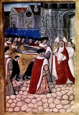F.28r A hercegnő királyné testének érkezése és Fülöp luxemburgi bíboros fogadása, Bretagne-i Anna temetéséről szóló beszámolóból (1477-1514) 1515 alkotó: Jean Perreal
