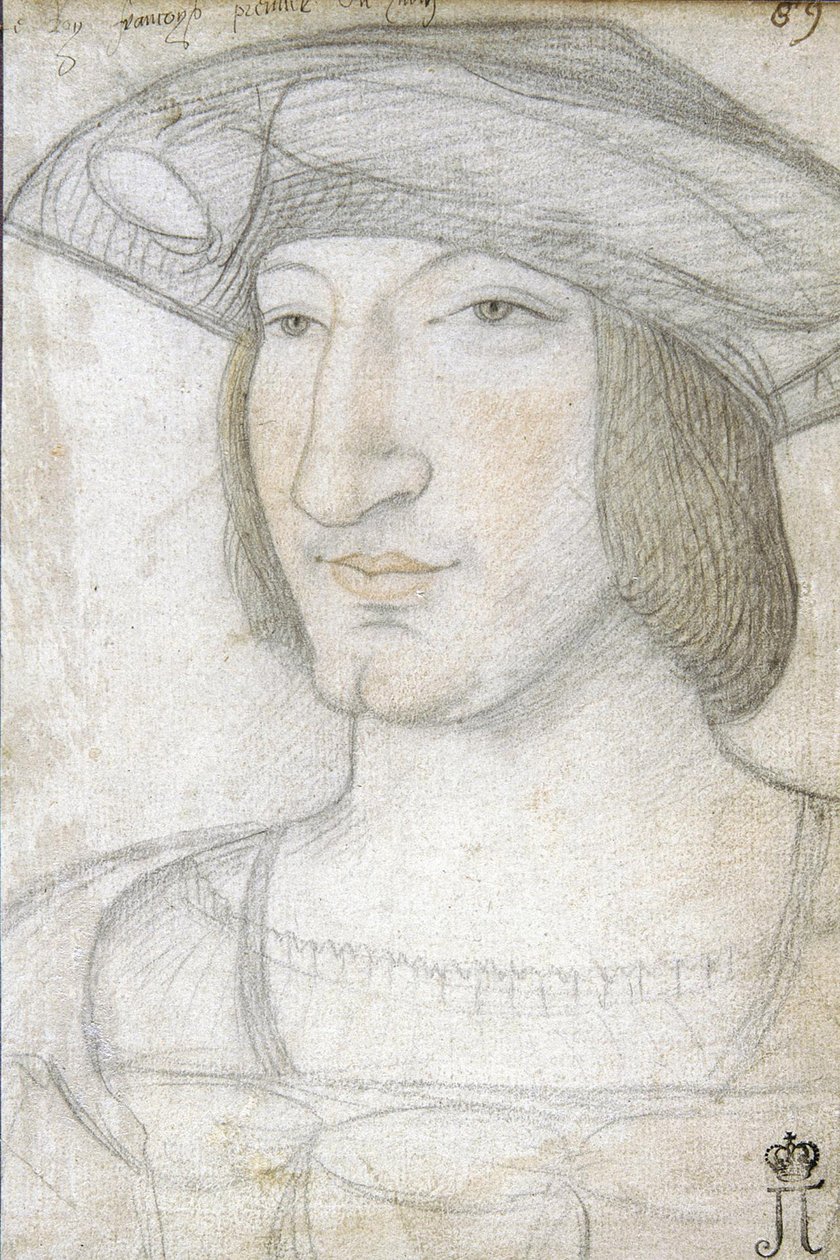 I. Ferenc (1494-1547), francia király par Perreal, Jean (kb. 1460-1530) portréja. Fekete kréta és szangvinikus papíron, méret: 19,1x13,2, 16. század első fele, Állami Ermitázs, Szentpétervár alkotó: Jean Perreal