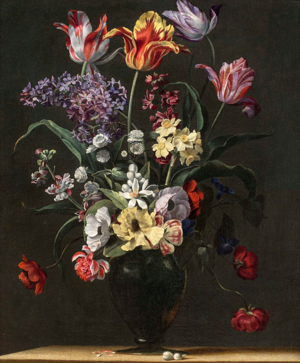 Tulipánok, liliomok, nárciszok, orgonák és egyéb virágok üvegvázában, fa párkányon, egy pár, XVII. alkotó: Jean Picart
