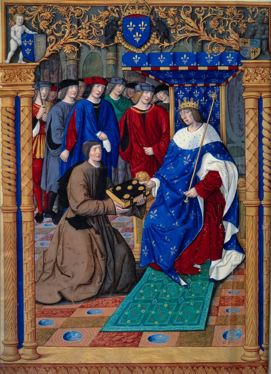 Francesco Petrarca vagy Petrarka bemutatja könyvét XII. Lajos francia királynak. Miniatűrben a ""Jogorvoslatok mindkét vagyon ellen. De remediis utriusque fortunae" Petrarch (1304-1374) és Jean Pichore világítása 1503 körül. Párizs, NL alkotó: Jean Pichore
