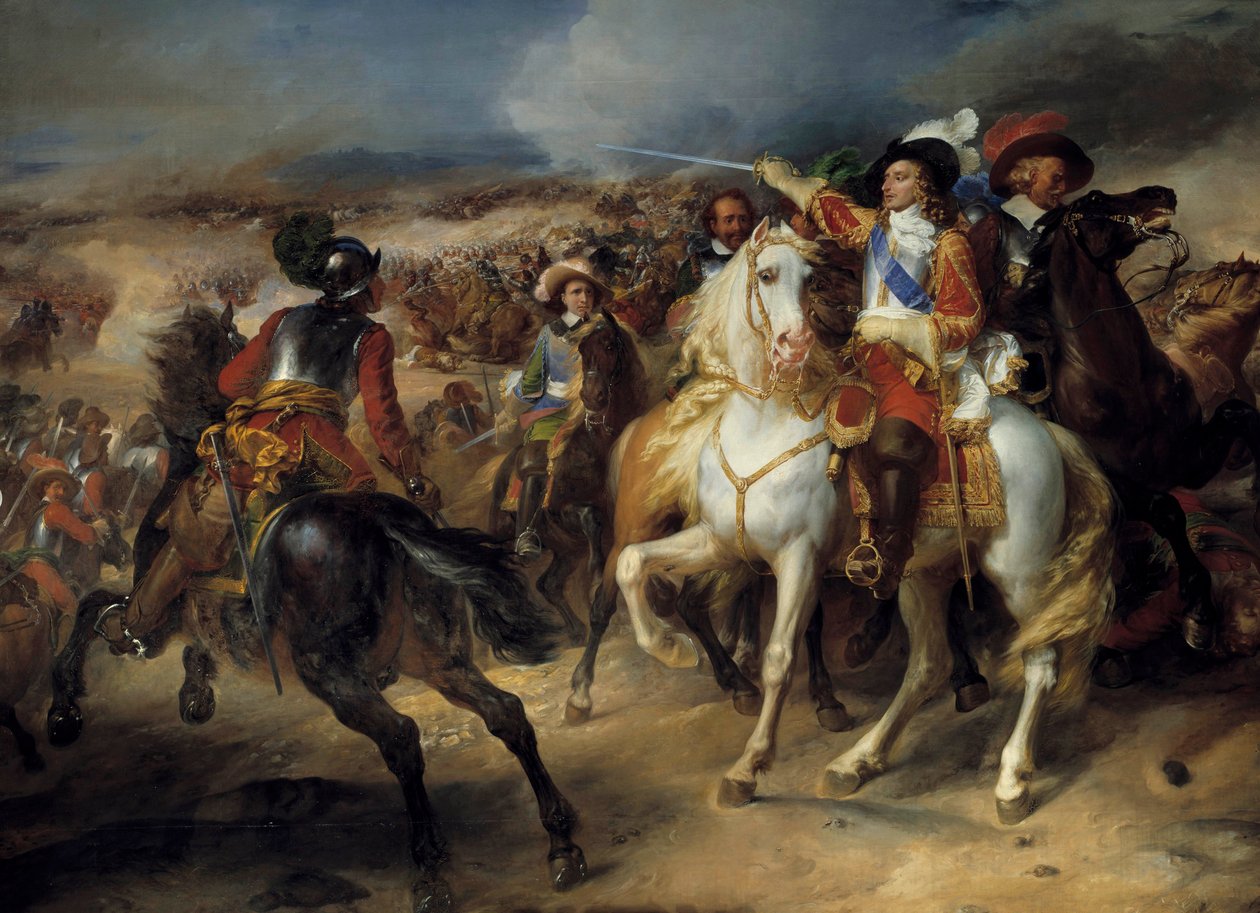 Harmincéves háború (1618-1648): „” II. Bourbon Lajos, Conde hercege (Bourbon-Conde) (Grand Conde) (1621-1686) a lensi csatában, 1648. augusztus 20., győzelem a spanyolok felett Lipót főherceg”” Bourbon II. Lajos ábrázolása, 4. pr alkotó: Jean Pierre Franque