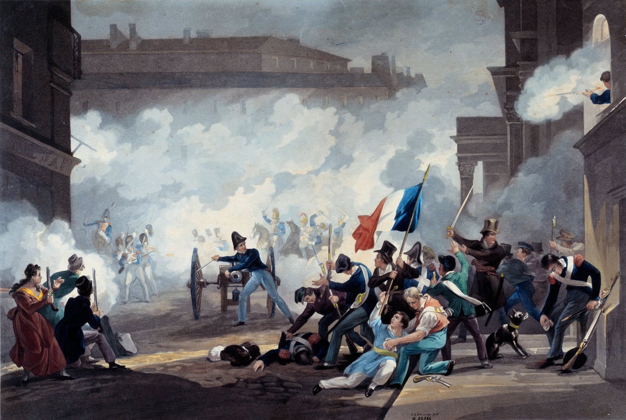 1830-as forradalom: Az Ecole Polytechnique egyik diákja elfoglalt egy ágyút a Palais-Royal július 28-i elfoglalása során alkotó: Jean Pierre Marie Jazet