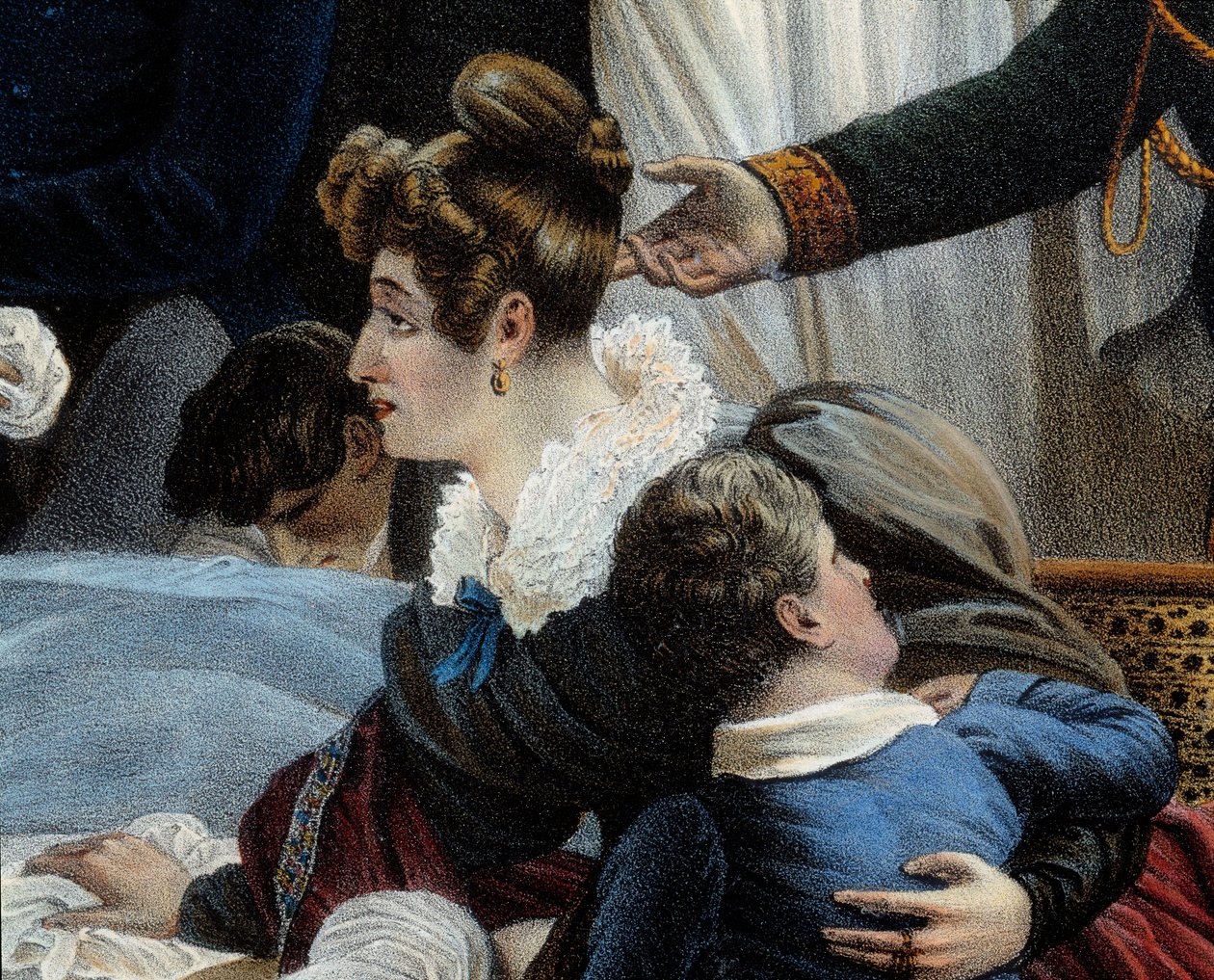 Napóleon halála, 1821.05.05. Saint Helenedetail-ben, Fanny Bertrandot, Henri Gatien Bertrand (1773-1844) feleségét képviselve. Jean Pierre Marie Jazet (1788-1871) litográfiája Charles Auguste Steuben (1788-1856) Malmaison festménye alapján. Chateau alkotó: Jean Pierre Marie Jazet