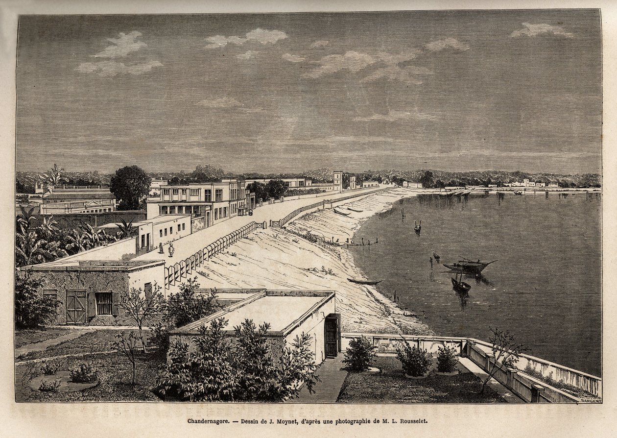 Chandernagor (jelenleg Chandannagar, Nyugat-Bengáliában), a Gangesz partján, metszet J. Moynet rajza alapján, amely a rádzsák indiai utazását szemlélteti 1864-1868 között, Louis Rousselet, megjelent „” Le tour du monde”” 1874, szerkesztve alkotó: Jean Pierre Moynet