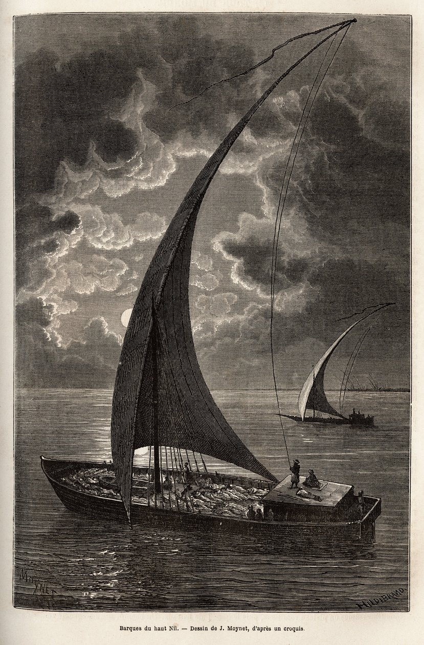 Les barques du haut Nile, csökkentett személyzet és a fedélzeten alvó utasok holdfényben, metszet J. Moynet rajza után, amely az 1868-1871-es Afrika szívébe vezető utazást illusztrálja, Dr. Georges Schweinfurth, megjelent a „” Le tour du monde”” 1874, szer alkotó: Jean Pierre Moynet