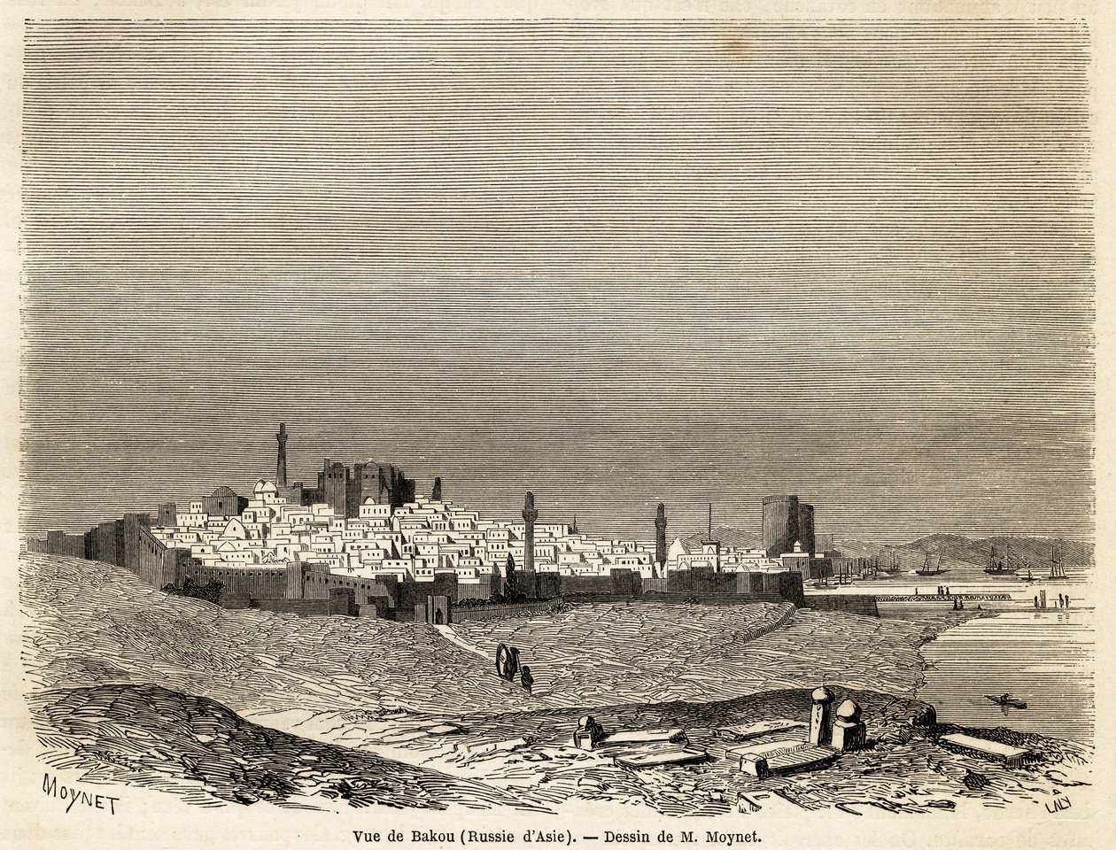 Baku (Oroszország, Azerbajdzsán) képe, Mr. Moynet rajza a Kaszpi-tenger partjaihoz vezető utazás szemléltetésére 1858 októberében, Mr. Moynet. Metszet a „” Le tour du monde, nouveau Journal des voyages”” Párizsban alkotó: Jean Pierre Moynet