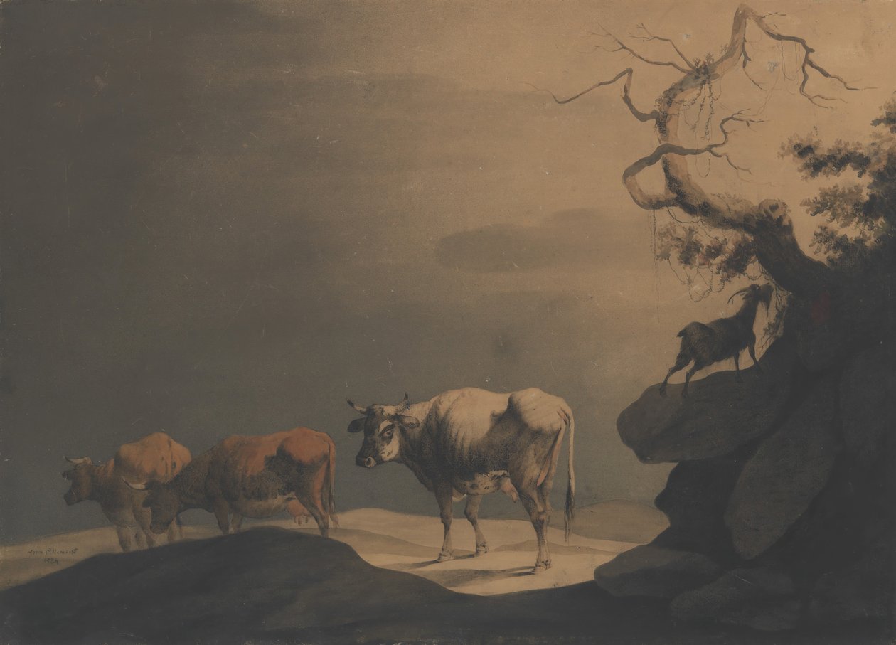 Tehenek és kecske a tájban, 1774. alkotó: Jean Pillement.