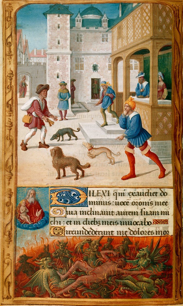 Yates Thompson 5, f.70v, Miniatűr búvárkodással, lakomázik feleségével, és Lázár közeledik, városképben, majd az alsó határon a démonok által gyötört és Lázár lelke által figyelt merülések követik, amelyet Isten tart a mennyben , és díszített ini alkotó: Jean Poyer