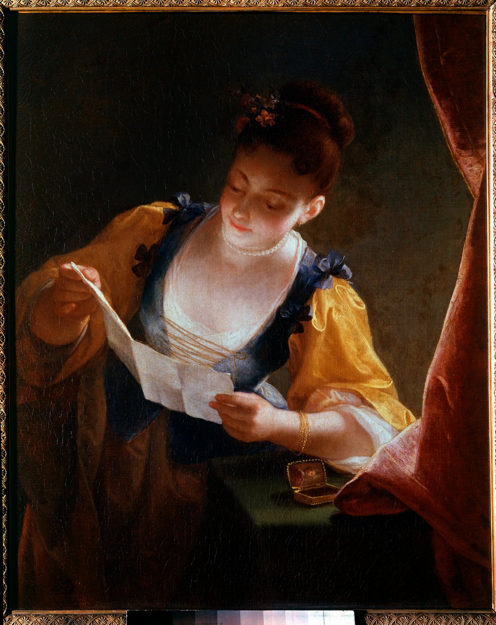 Fiatal nő levelet olvas Jean Raoux festménye (1677-1734) 18. századi nap. 0,99x0,81 m alkotó: Jean Raoux