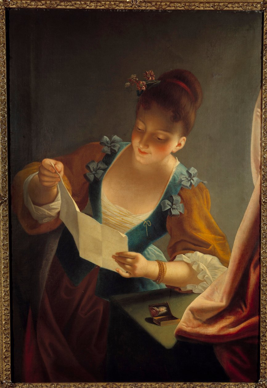 Fiatal nő Jean Raoux (1677-1734) levelét olvassa, 18. század alkotó: Jean Raoux