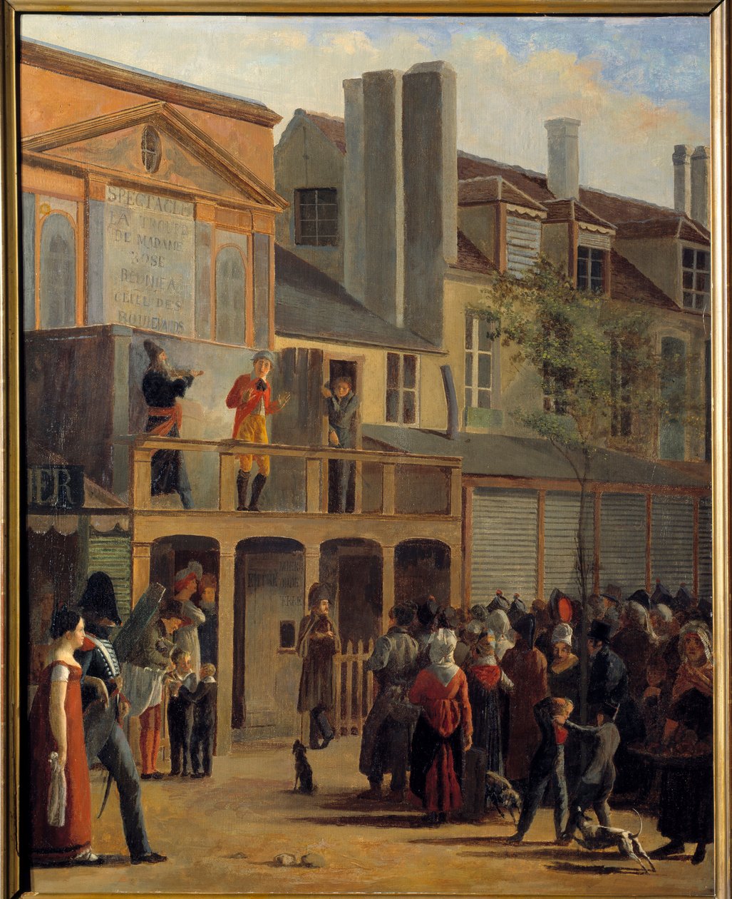 Utcaszínház: „” Bobeche és Galimafre felvonulása a Boulevard du Temple-n a Theater des dellassements comiques előtt”” Jean Roller (1798-1866) festménye 1820 V. 1,01x0,83 m Párizs, Carnavalet Múzeum alkotó: Jean Roller