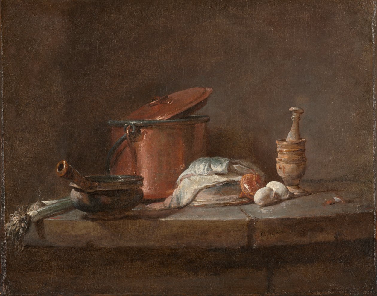 Konyhai eszközök póréhagymával, hallal és tojással alkotó: Jean Baptiste Simeon Chardin