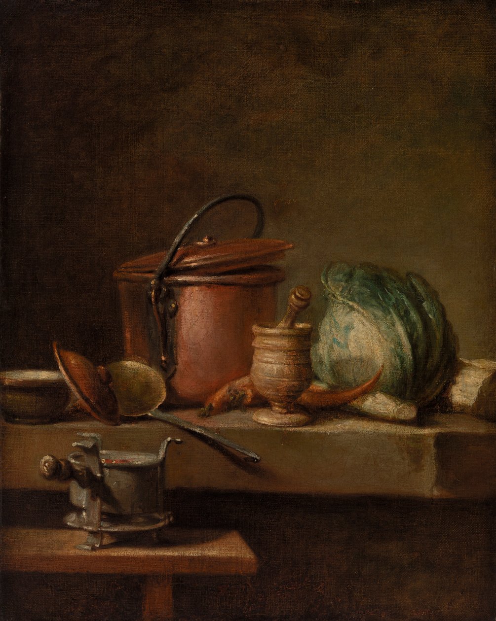 Csendélet rézfazékkal, káposztával, mozsártörővel és tűzhellyel alkotó: Jean Baptiste Simeon Chardin