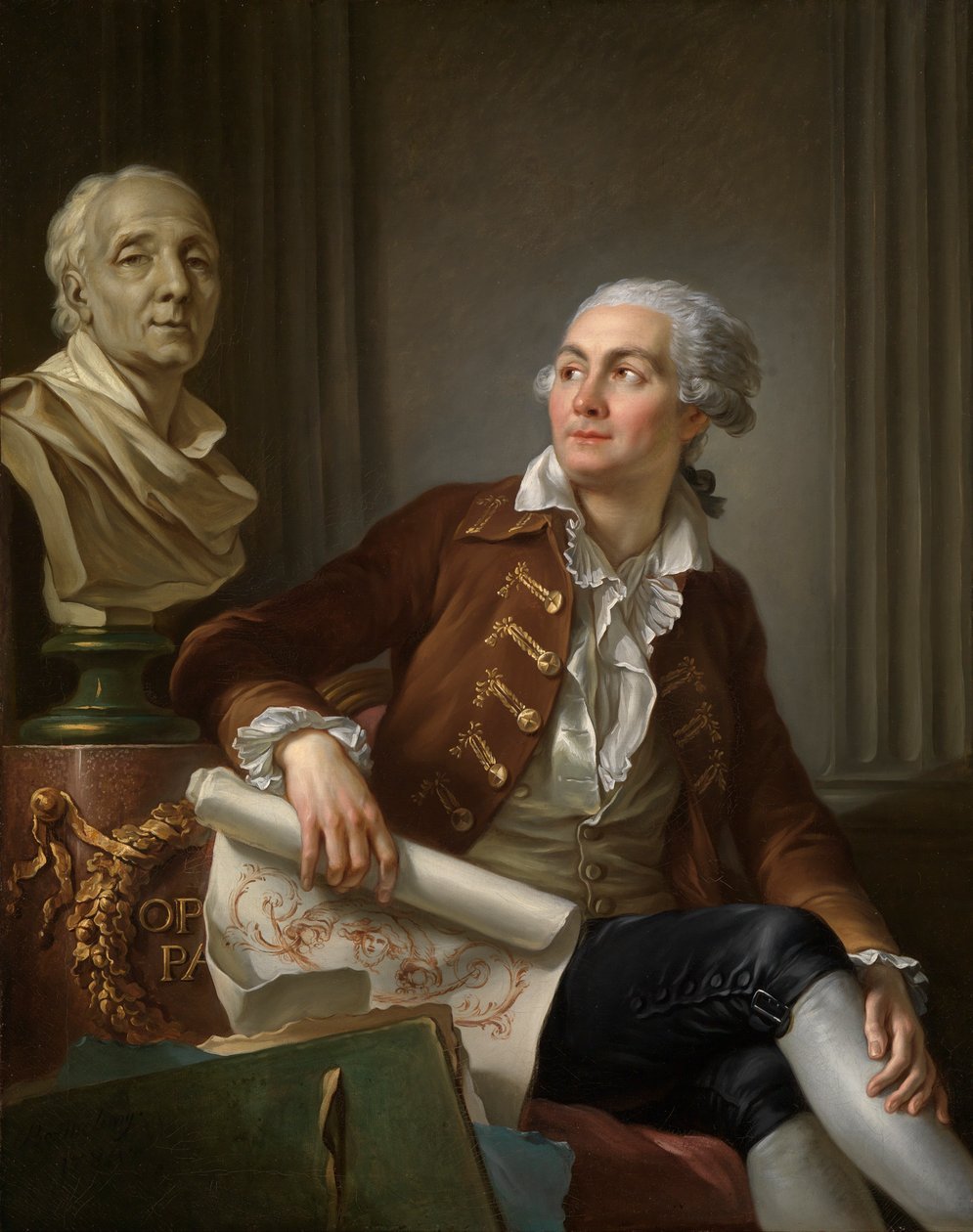 Férfi portré Denis Diderot mellszobrával alkotó: Jean Simon Berthelemy