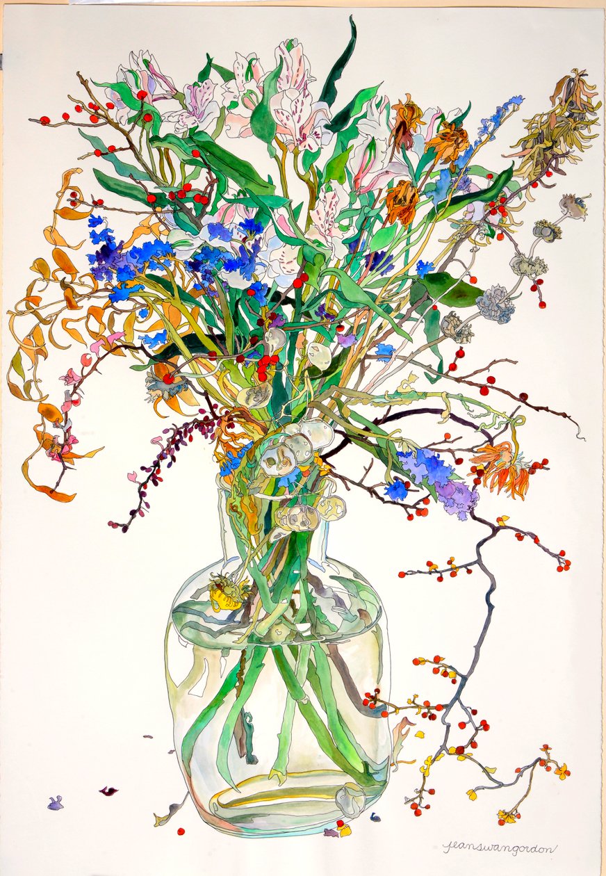 Alstroemeria, Statice, Őszinteség Körömvirág, Száraz levelek, Bogyók alkotó: Jean Swan Gordon