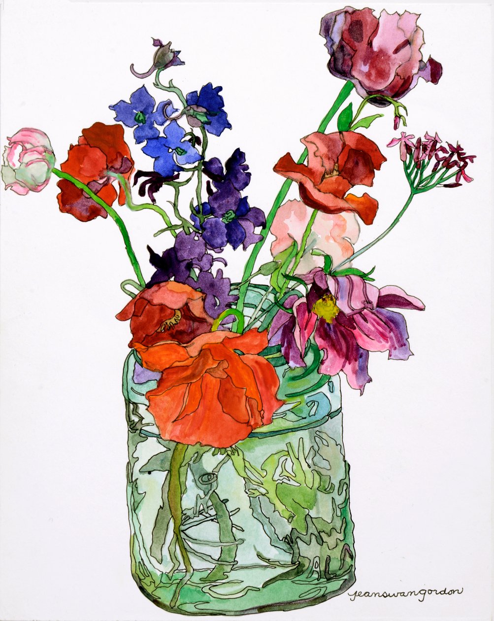 Delphiniums, Poppies  Others in Jar, 2011 (akvarell és tinta, papír) alkotó: Jean Swan Gordon