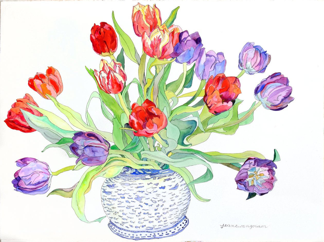 Tulipánok tálban festett halakkal és madarakkal, 2006 (akvarell és tinta, papír) alkotó: Jean Swan Gordon