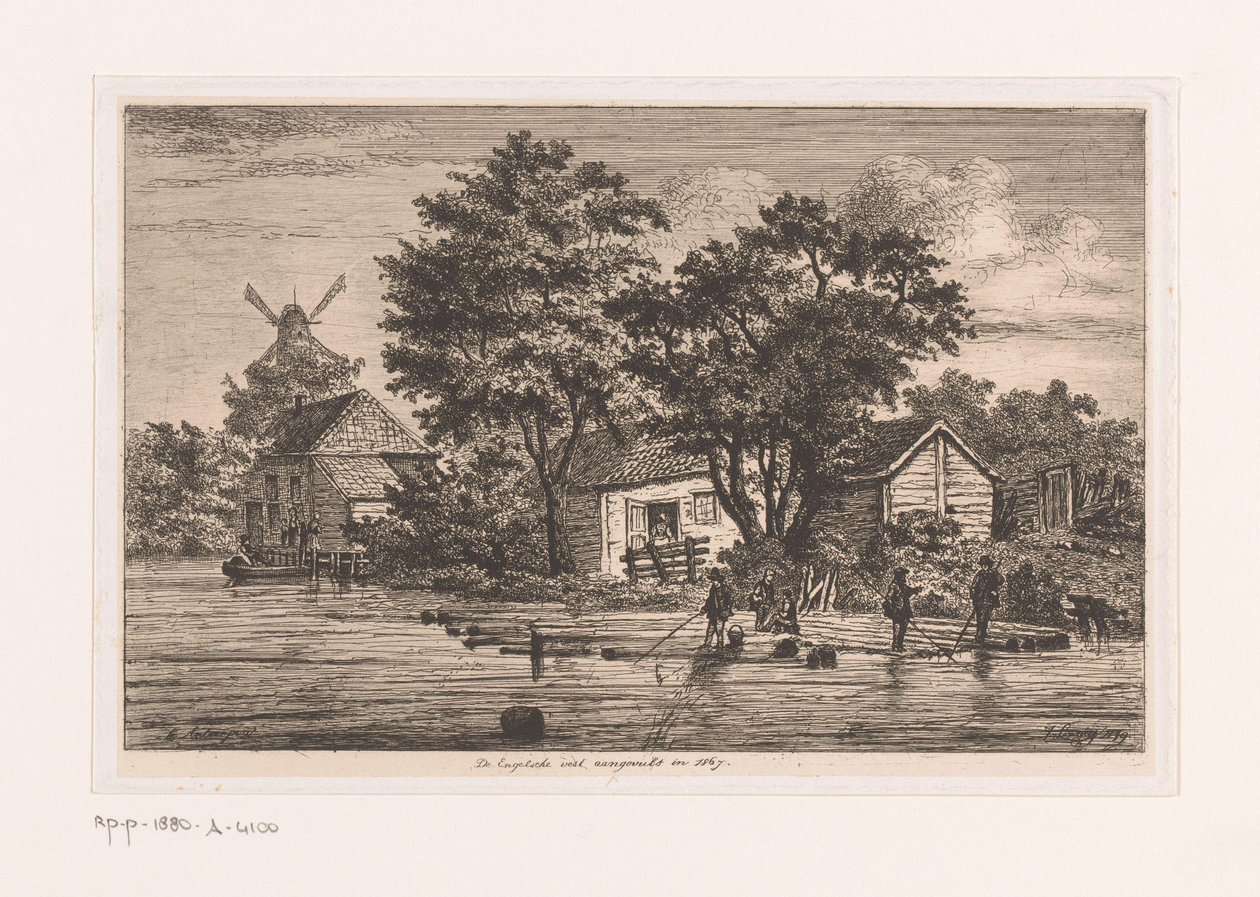 Kilátás az antwerpeni angol mellényre, amelyen a fatörzseket gyűjtik, épületek és egy malom a háttérben Az 1867-ben elkészült angol mellény (cím a tárgyon) alkotó: Jean Théodore Joseph Linnig
