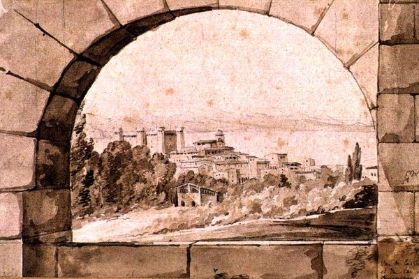 Kilátás a városra és a Bracciano-tóra, 1810 körül (toll és szépia tinta szépia mosással papíron) alkotó: Jean Thomas Thibault