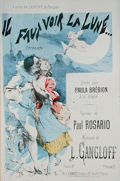 Az "Il Faut Voir la Lune" (zene: L. Gangloff, szöveg: Paul Rosario, készítette Paula Brebion a Scalában) partitúrájának előlapja (színes metszet). alkotó: Jean Ulysse Roy
