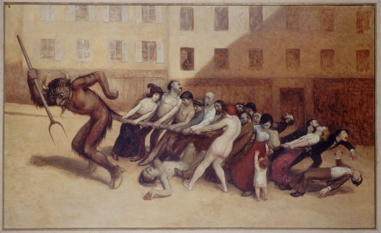 Párizsiak, akik az ördögöt a farkánál fogva húzzák, 1920 körül (olaj) alkotó: Jean Veber