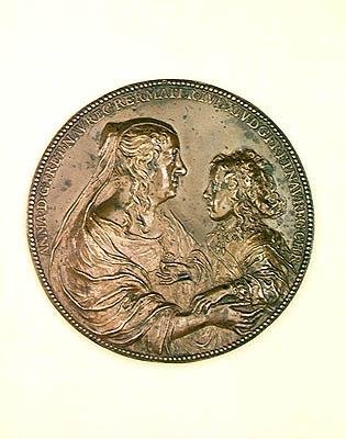 Val-de-Grace alapítványi érem. Ausztriai Annát (1601–1666) és fiát, XIV. Lajost (1638–1715) ábrázoló vers, 1638 (bronz) alkotó: Jean Warin