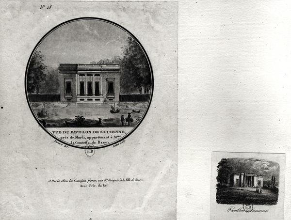 Kilátás a louveciennes-i pavilonra, amelyet Claude-Nicolas Ledoux (1736-1806) épített Madame du Barry számára (wc papíron) alkotó: Jean Testard