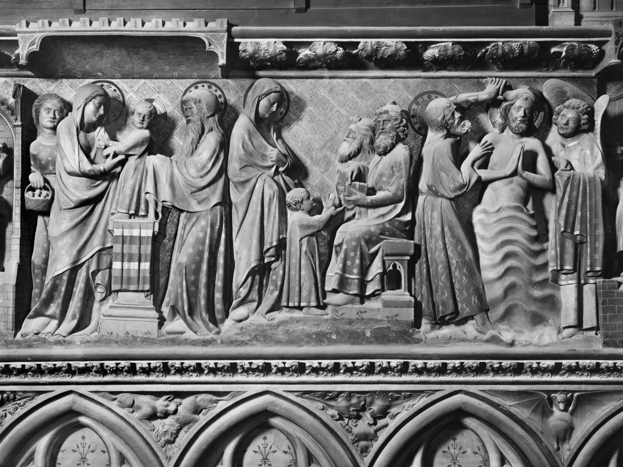 Katedrális, belső tér, kórus paraván, Jézus bemutatása a templomban, Jézus az orvosok között, Krisztus keresztsége, 1340-51 körül (polikróm kő) alkotó: Jean and Jean Le Boutellier Ravy